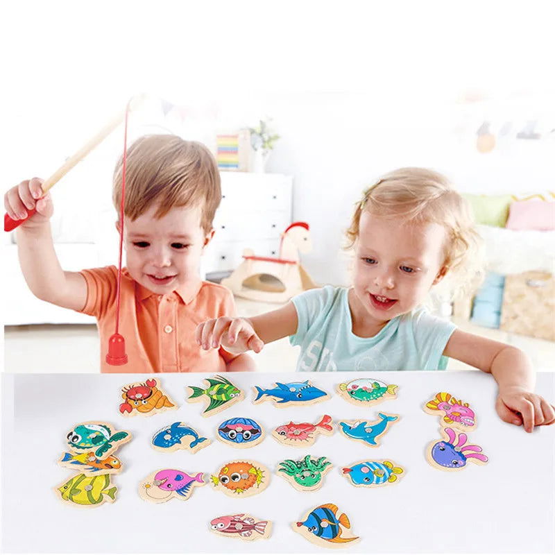 Montessori Wooden Fishing Toys For Children Magnetic Marine Life Cognition Fish Games Parent-Child Interactive Educational Toy - Slobuy