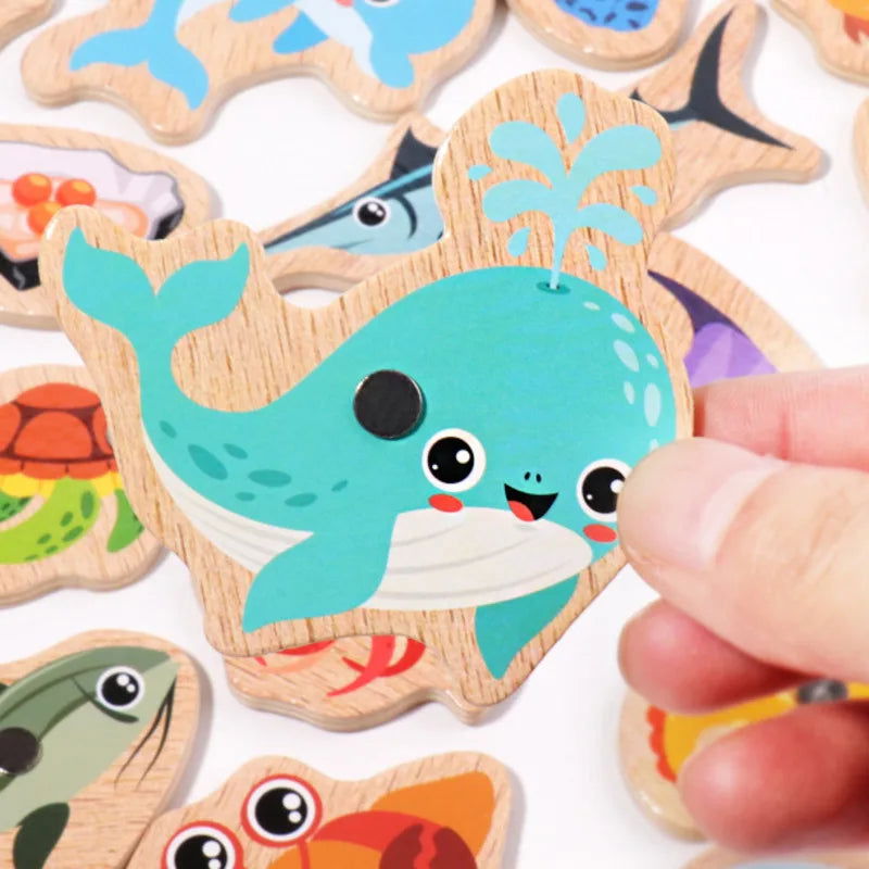 Montessori Wooden Fishing Toys For Children Magnetic Marine Life Cognition Fish Games Parent-Child Interactive Educational Toy - Slobuy