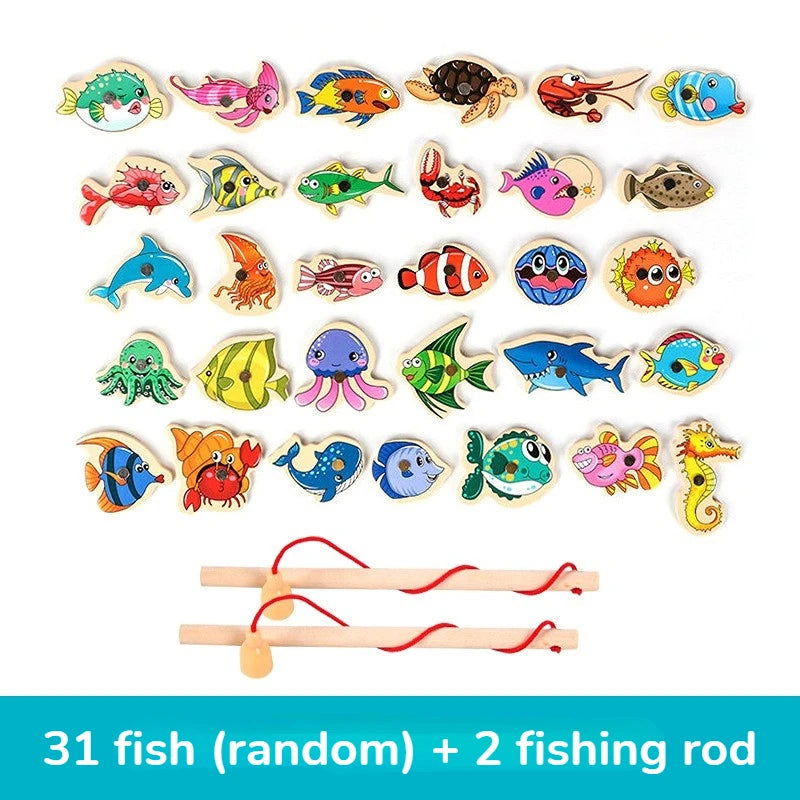 Montessori Wooden Fishing Toys For Children Magnetic Marine Life Cognition Fish Games Parent-Child Interactive Educational Toy - Slobuy
