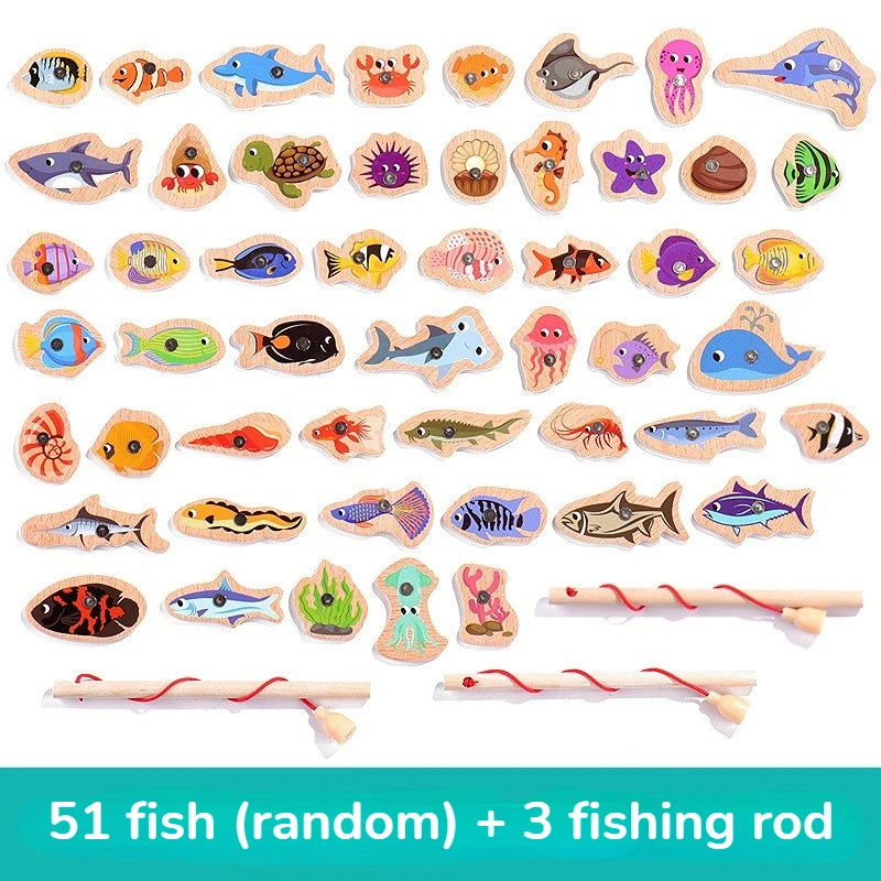 Montessori Wooden Fishing Toys For Children Magnetic Marine Life Cognition Fish Games Parent-Child Interactive Educational Toy - Slobuy