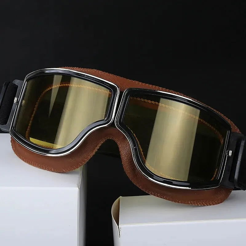 Motorcycle Glasses Windproof Motorcycle Helmet Glasses Sunglasses Retro Universal Folding Leather Retro Motorcycle Accessories - Slobuy
