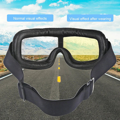 Motorcycle Goggles Adjustable Retro Motocross Goggles Vintage Black/Brown Leather Motorcycle Glasses With Breathable Hole - Slobuy