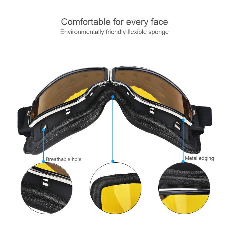 Motorcycle Goggles Adjustable Retro Motocross Goggles Vintage Black/Brown Leather Motorcycle Glasses With Breathable Hole - Slobuy