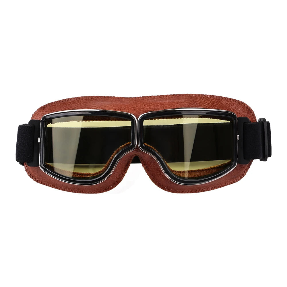 Motorcycle Goggles Adjustable Retro Motocross Goggles Vintage Black/Brown Leather Motorcycle Glasses With Breathable Hole - Slobuy