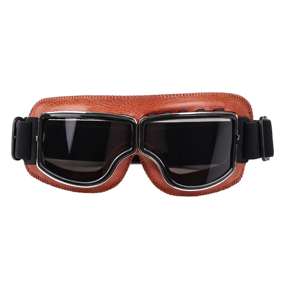 Motorcycle Goggles Adjustable Retro Motocross Goggles Vintage Black/Brown Leather Motorcycle Glasses With Breathable Hole - Slobuy