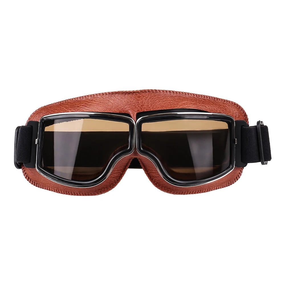 Motorcycle Goggles Adjustable Retro Motocross Goggles Vintage Black/Brown Leather Motorcycle Glasses With Breathable Hole - Slobuy