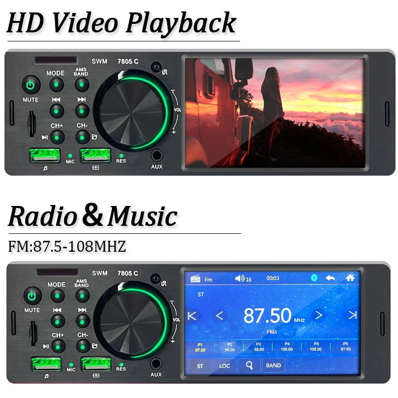 SINOVCLE Car Radio Audio 1 din 4.1” Touch Screen Bluetooth Stereo Mp3/Mp5 Player FM Receiver With Colorful Lights Remote Control - Slobuy