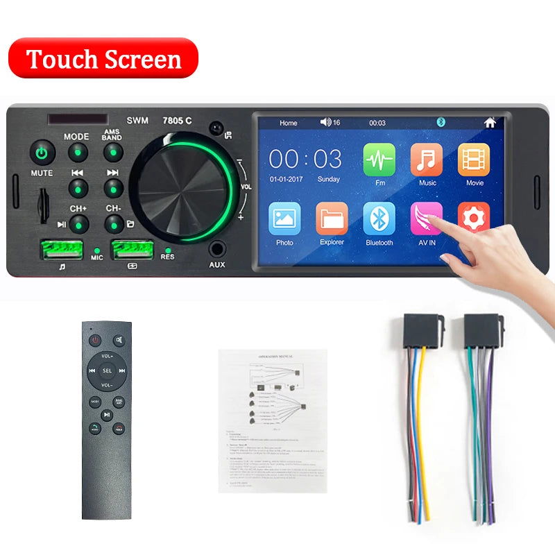 SINOVCLE Car Radio Audio 1 din 4.1” Touch Screen Bluetooth Stereo Mp3/Mp5 Player FM Receiver With Colorful Lights Remote Control - Slobuy