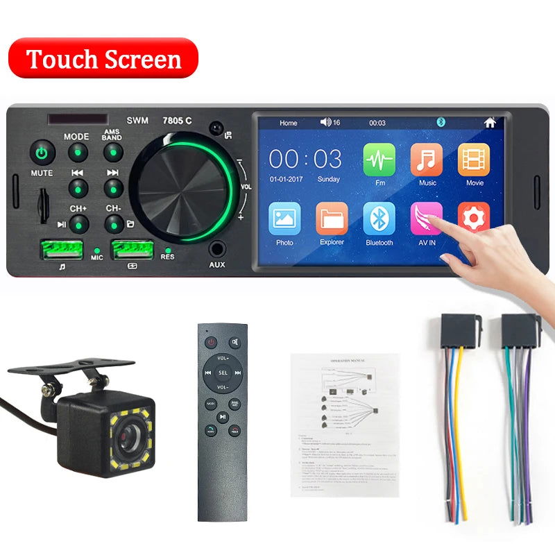 SINOVCLE Car Radio Audio 1 din 4.1” Touch Screen Bluetooth Stereo Mp3/Mp5 Player FM Receiver With Colorful Lights Remote Control - Slobuy