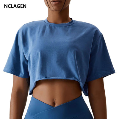 NCLAGEN Casual T-shirt Cotton Women Short Sleeve Dance Sports Running Clothes Yoga Fitness Crop Top Loose Gym Workout Shirts - Slobuy