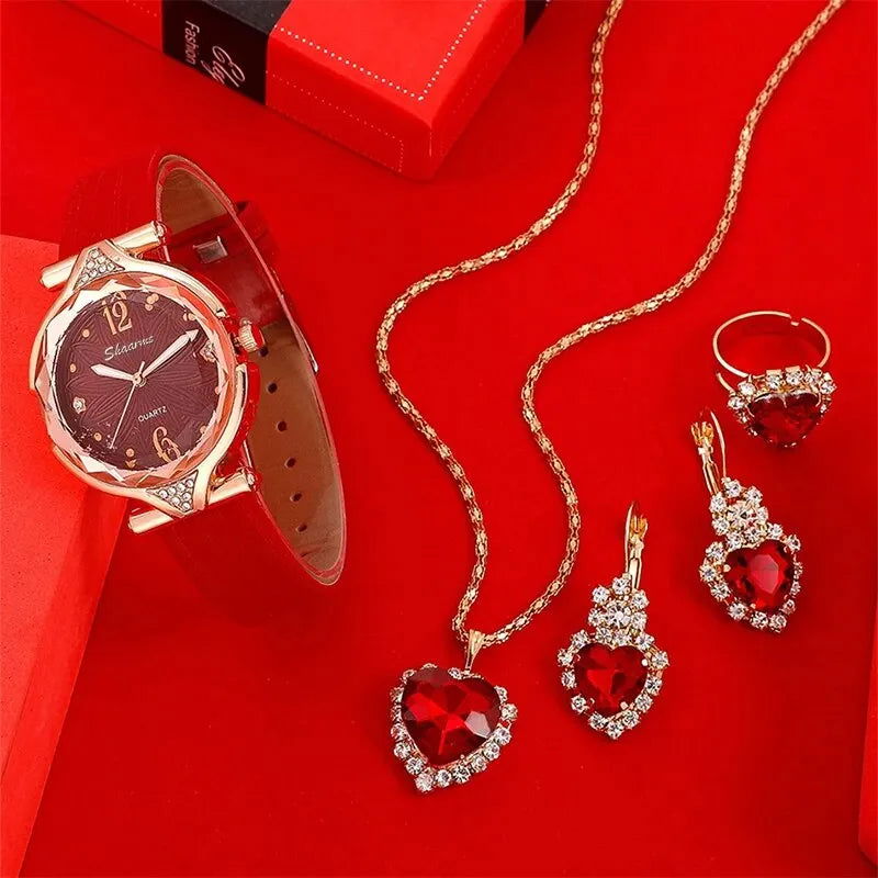 New 5pcs Set Watches Women Leather Band Ladies Watch Simple Casual Womens Analog WristWatch Bracelet Gift Montre Femme - Slobuy