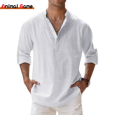 New Cotton Linen Shirts for Men Casual Shirts Lightweight Long Sleeve Henley Beach Shirts Hawaiian T Shirts for Men - Slobuy