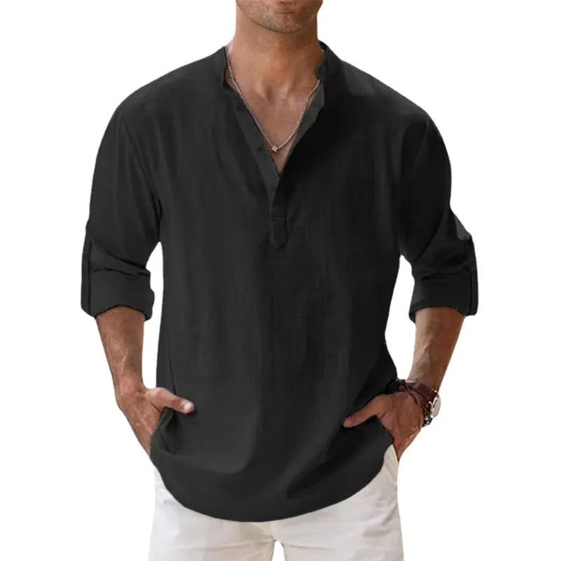 New Cotton Linen Shirts for Men Casual Shirts Lightweight Long Sleeve Henley Beach Shirts Hawaiian T Shirts for Men - Slobuy