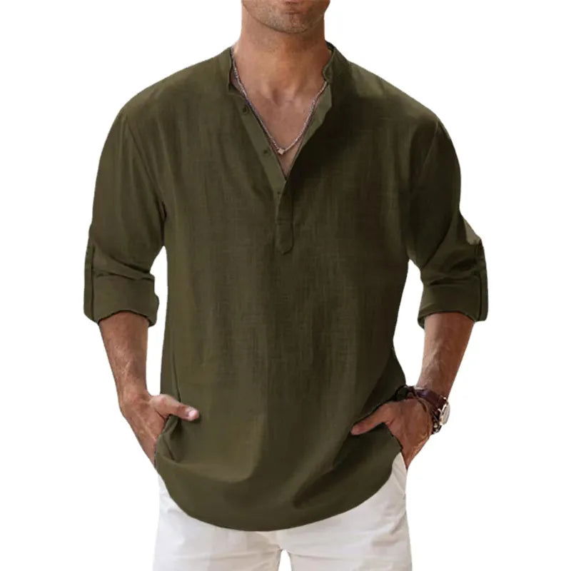 New Cotton Linen Shirts for Men Casual Shirts Lightweight Long Sleeve Henley Beach Shirts Hawaiian T Shirts for Men - Slobuy