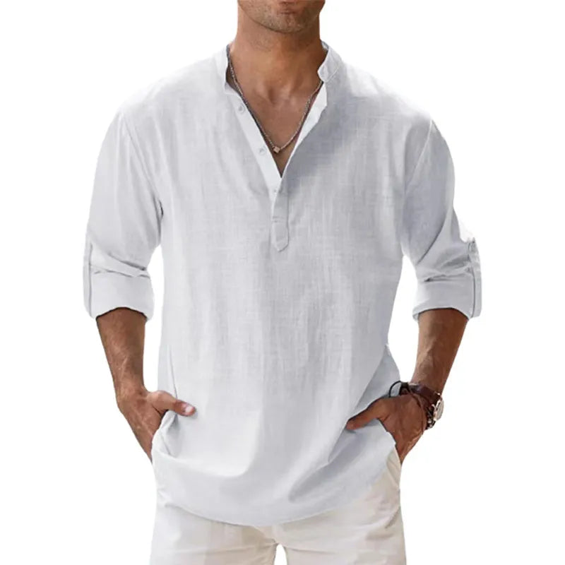 New Cotton Linen Shirts for Men Casual Shirts Lightweight Long Sleeve Henley Beach Shirts Hawaiian T Shirts for Men - Slobuy
