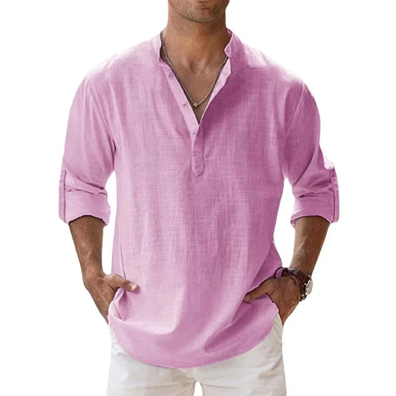 New Cotton Linen Shirts for Men Casual Shirts Lightweight Long Sleeve Henley Beach Shirts Hawaiian T Shirts for Men - Slobuy