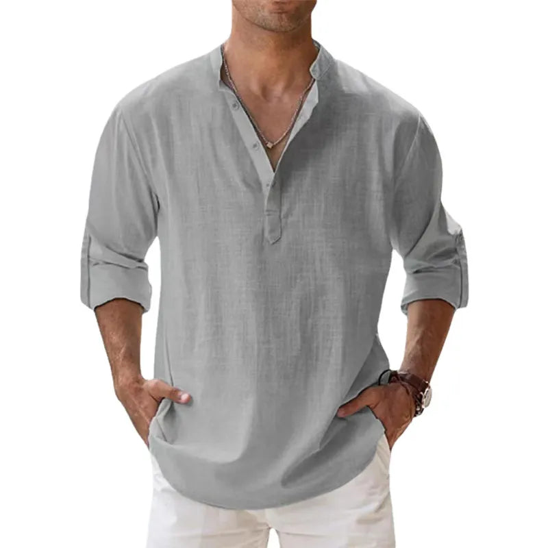 New Cotton Linen Shirts for Men Casual Shirts Lightweight Long Sleeve Henley Beach Shirts Hawaiian T Shirts for Men - Slobuy
