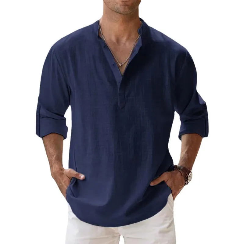 New Cotton Linen Shirts for Men Casual Shirts Lightweight Long Sleeve Henley Beach Shirts Hawaiian T Shirts for Men - Slobuy