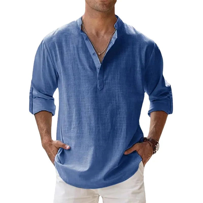 New Cotton Linen Shirts for Men Casual Shirts Lightweight Long Sleeve Henley Beach Shirts Hawaiian T Shirts for Men - Slobuy
