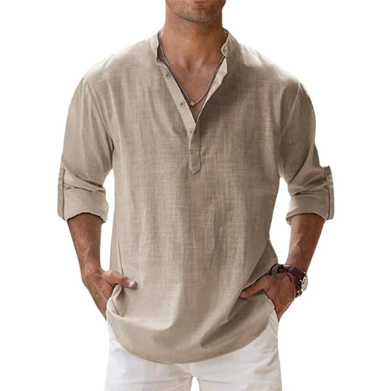 New Cotton Linen Shirts for Men Casual Shirts Lightweight Long Sleeve Henley Beach Shirts Hawaiian T Shirts for Men - Slobuy