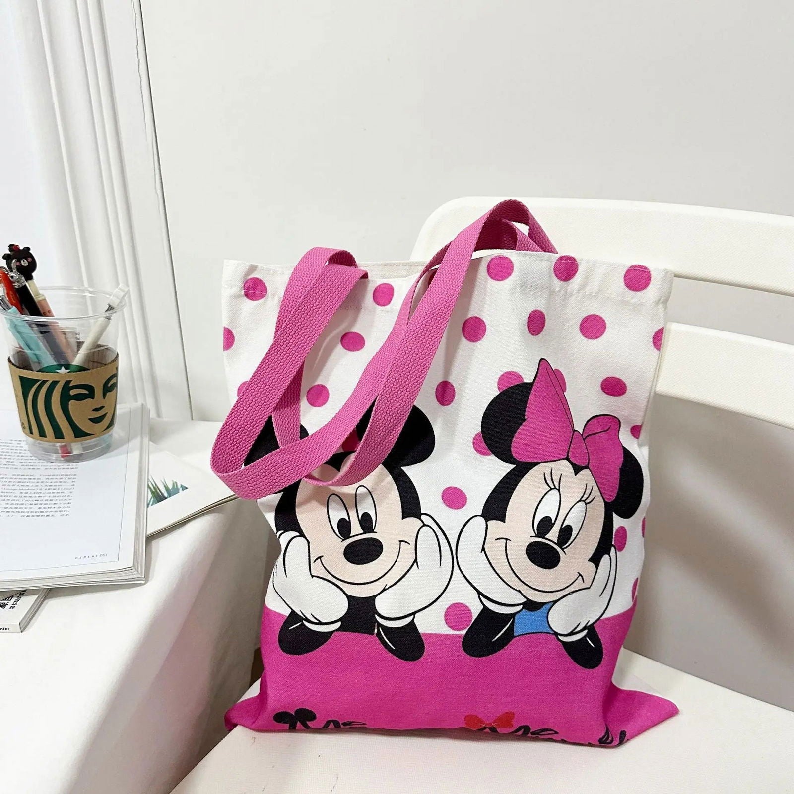 New Disney Mickey and Minnie Cartoon Creative Printed Pattern Handbag Large Capacity Fashion Canvas Shoulder Bag for Women - Slobuy