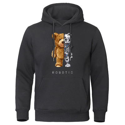 New Funny Teddy Bear Robot Hoodie Robotic Bear Clothing Casual Hooded Men Fashion Sweatshirts Fleece Oversized Loose Streetwear - Slobuy