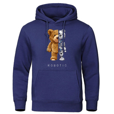 New Funny Teddy Bear Robot Hoodie Robotic Bear Clothing Casual Hooded Men Fashion Sweatshirts Fleece Oversized Loose Streetwear - Slobuy