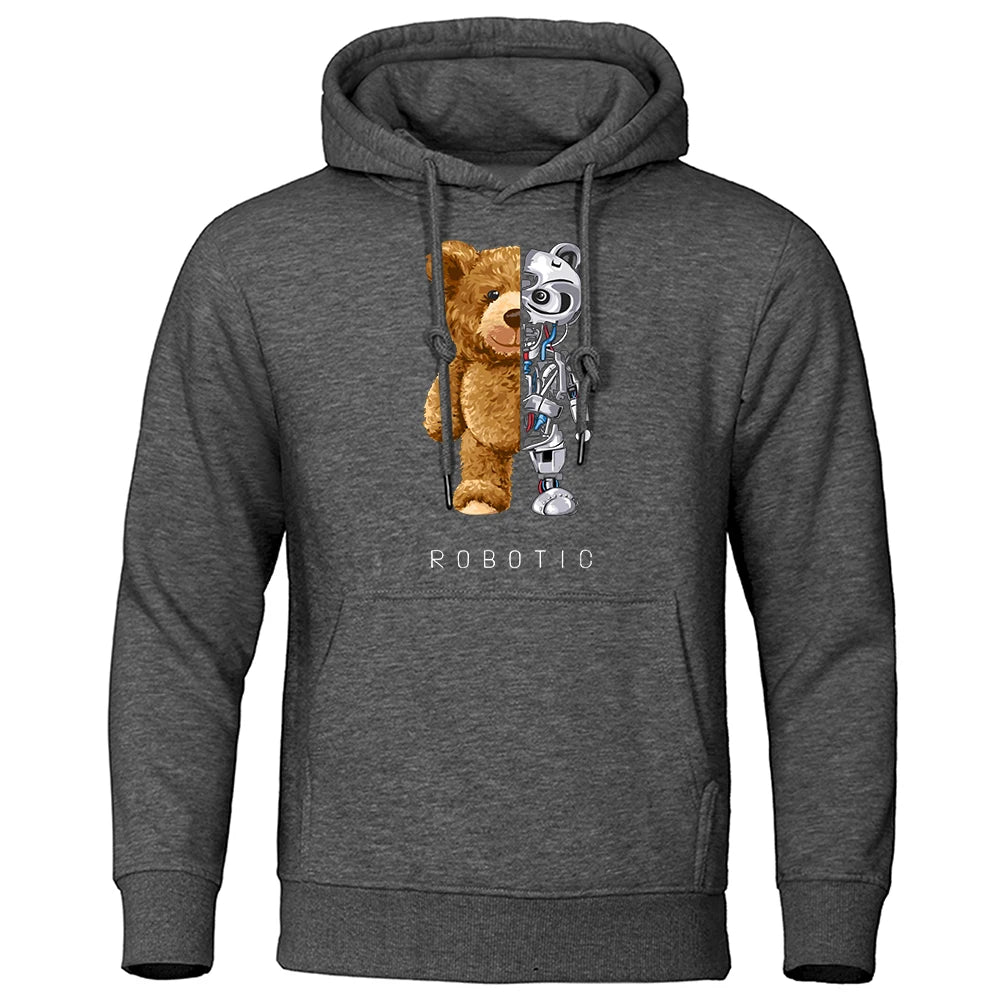 New Funny Teddy Bear Robot Hoodie Robotic Bear Clothing Casual Hooded Men Fashion Sweatshirts Fleece Oversized Loose Streetwear - Slobuy