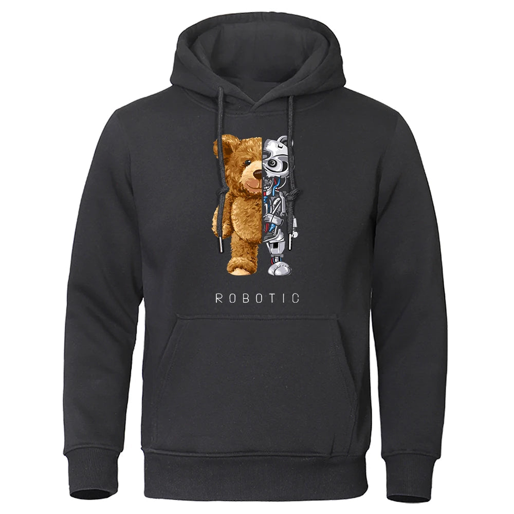 New Funny Teddy Bear Robot Hoodie Robotic Bear Clothing Casual Hooded Men Fashion Sweatshirts Fleece Oversized Loose Streetwear - Slobuy