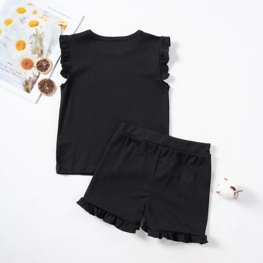 New Girls Solid Sets 2pcs Clothing Set Casual  Sleeveless Tops+ Short Pants Suits Kids Fashion Summer Clothes Suit 0-5T - Slobuy