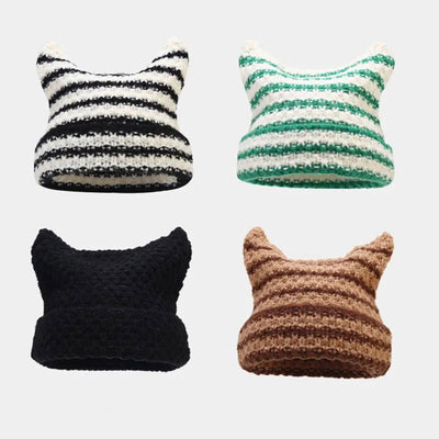 New Japanese Streetwear Harajuku Beanie Little Devil Striped Knitted Hat Women Girls Autumn Winter Cute Cat Ears Cap - Slobuy