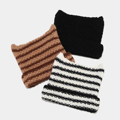 New Japanese Streetwear Harajuku Beanie Little Devil Striped Knitted Hat Women Girls Autumn Winter Cute Cat Ears Cap - Slobuy