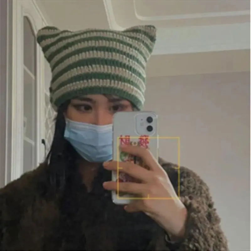 New Japanese Streetwear Harajuku Beanie Little Devil Striped Knitted Hat Women Girls Autumn Winter Cute Cat Ears Cap - Slobuy
