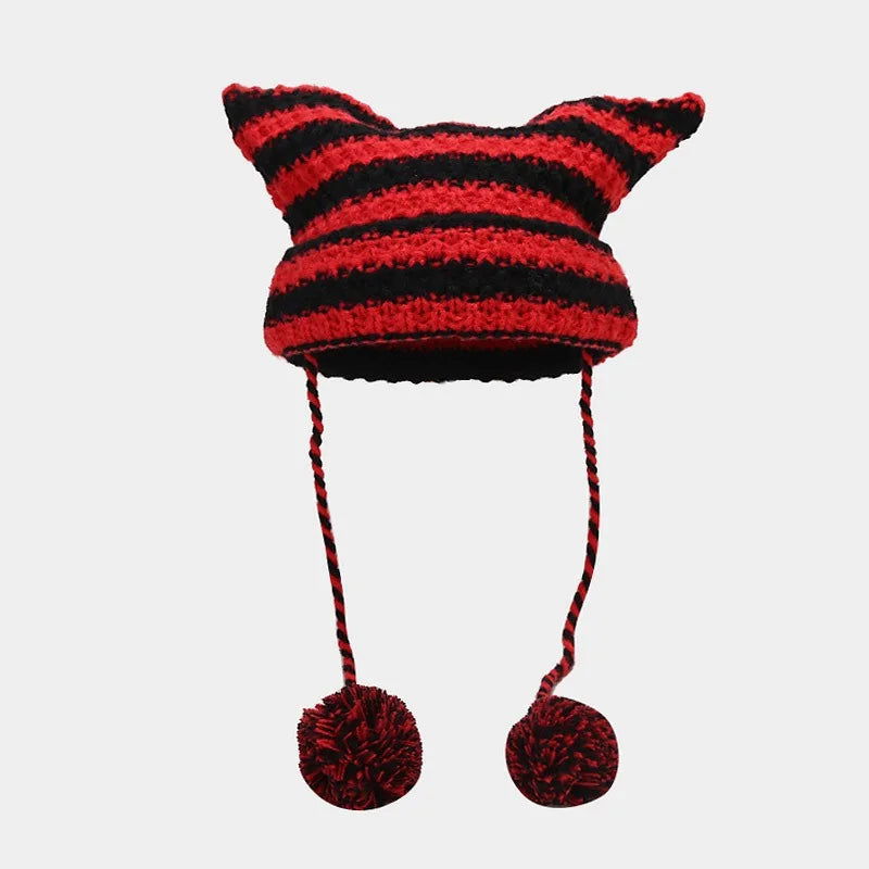 New Japanese Streetwear Harajuku Beanie Little Devil Striped Knitted Hat Women Girls Autumn Winter Cute Cat Ears Cap - Slobuy