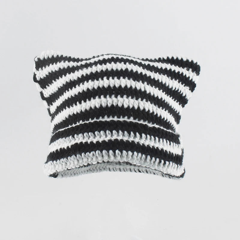 New Japanese Streetwear Harajuku Beanie Little Devil Striped Knitted Hat Women Girls Autumn Winter Cute Cat Ears Cap - Slobuy