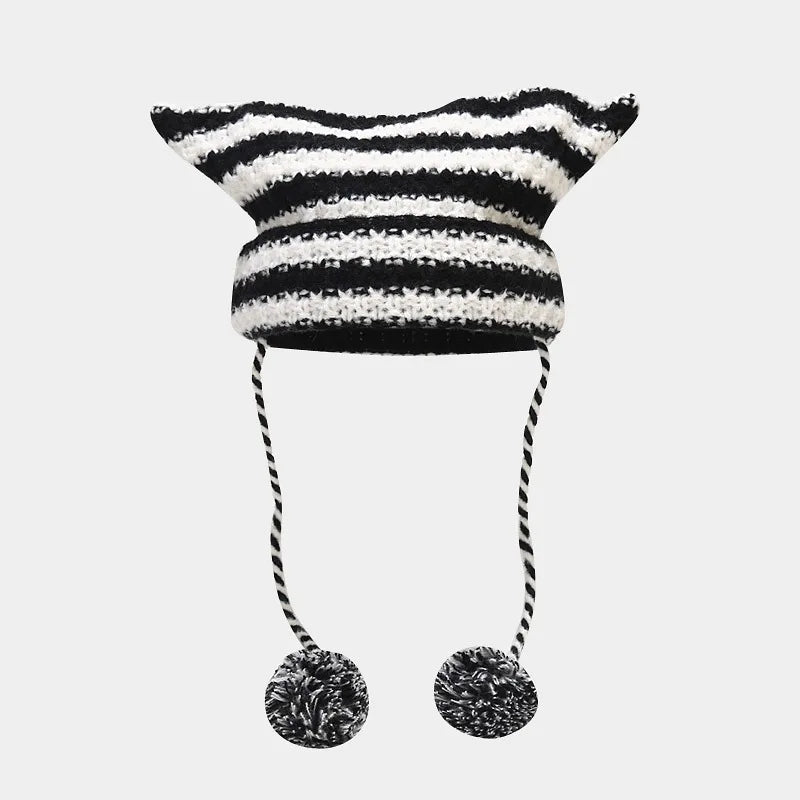 New Japanese Streetwear Harajuku Beanie Little Devil Striped Knitted Hat Women Girls Autumn Winter Cute Cat Ears Cap - Slobuy