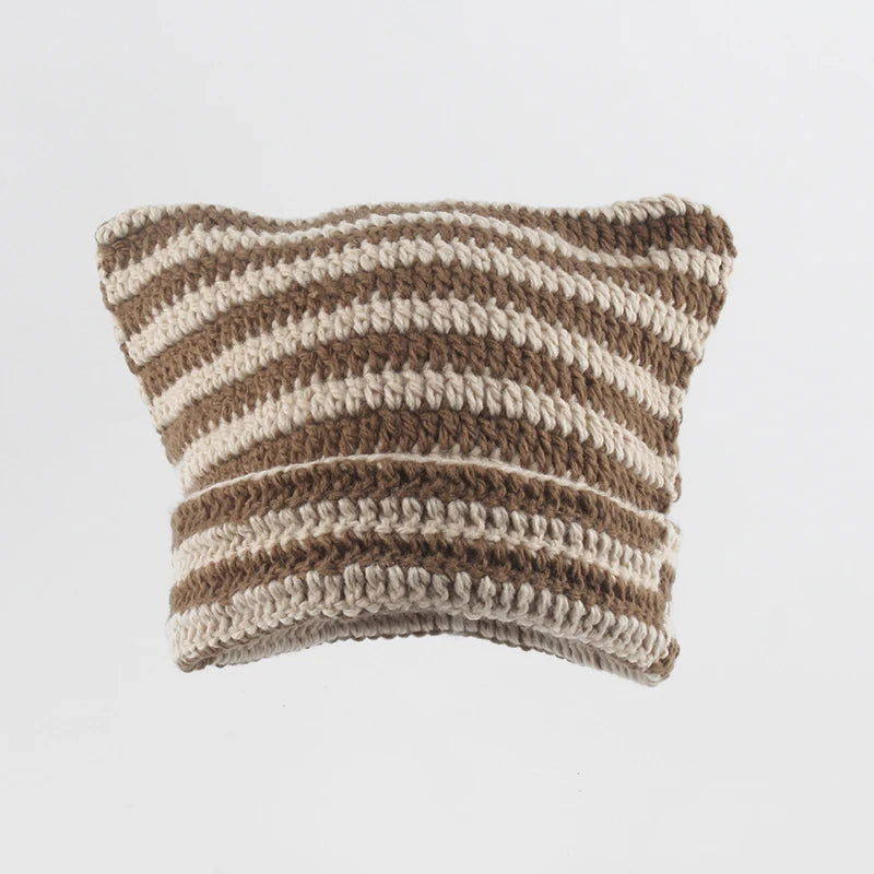 New Japanese Streetwear Harajuku Beanie Little Devil Striped Knitted Hat Women Girls Autumn Winter Cute Cat Ears Cap - Slobuy