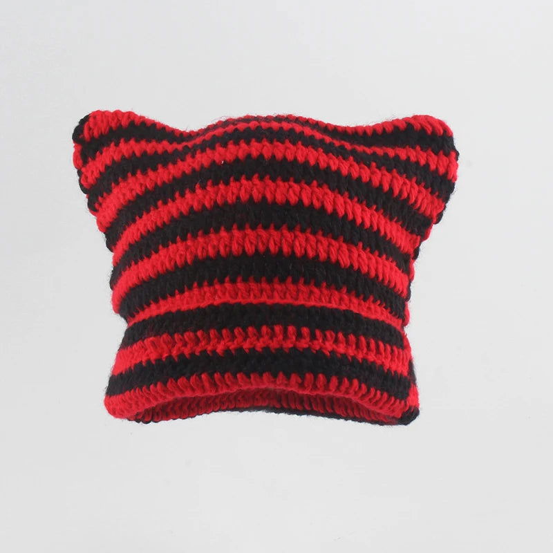 New Japanese Streetwear Harajuku Beanie Little Devil Striped Knitted Hat Women Girls Autumn Winter Cute Cat Ears Cap - Slobuy