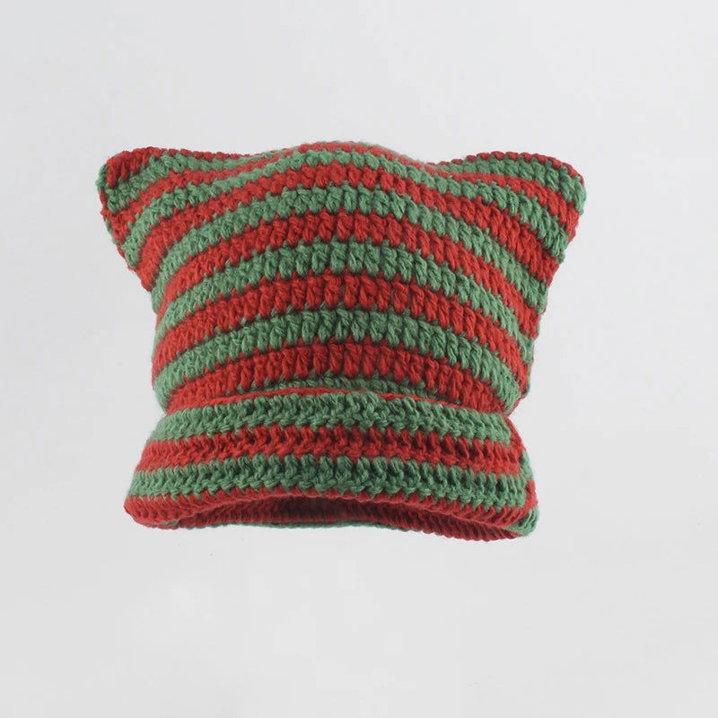 New Japanese Streetwear Harajuku Beanie Little Devil Striped Knitted Hat Women Girls Autumn Winter Cute Cat Ears Cap - Slobuy