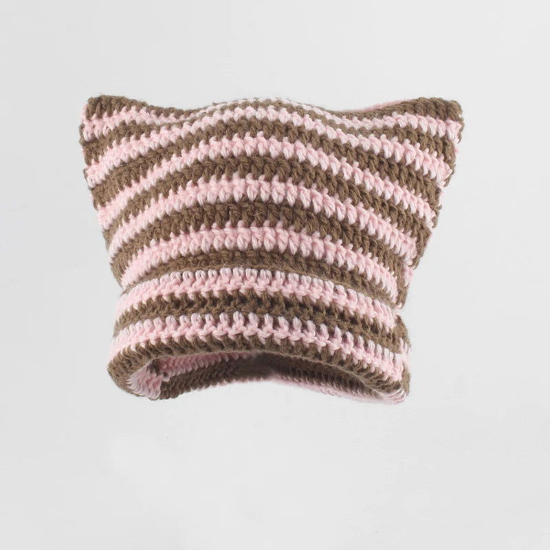 New Japanese Streetwear Harajuku Beanie Little Devil Striped Knitted Hat Women Girls Autumn Winter Cute Cat Ears Cap - Slobuy