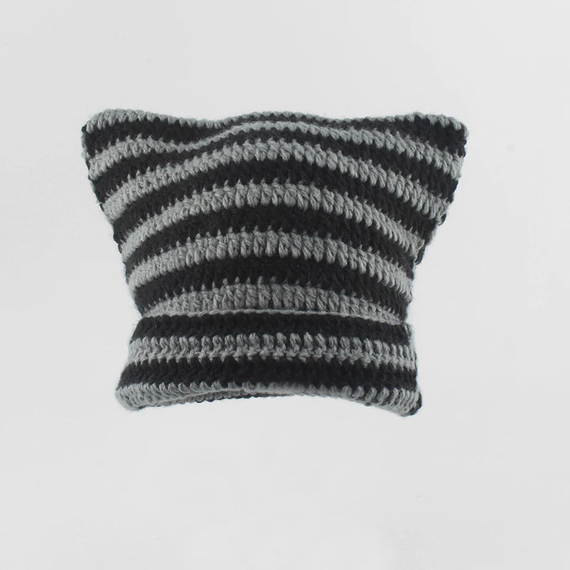 New Japanese Streetwear Harajuku Beanie Little Devil Striped Knitted Hat Women Girls Autumn Winter Cute Cat Ears Cap - Slobuy