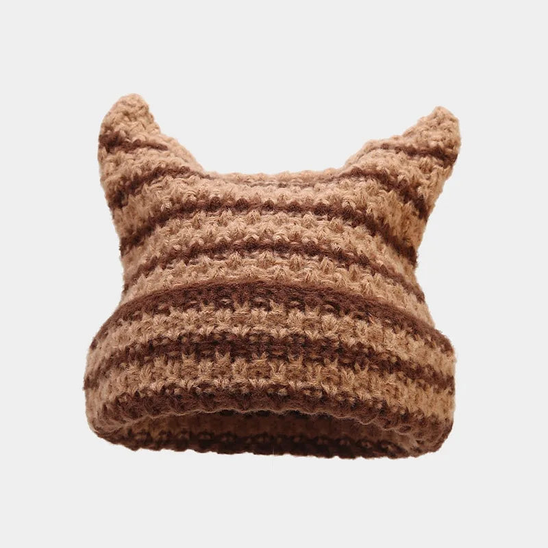 New Japanese Streetwear Harajuku Beanie Little Devil Striped Knitted Hat Women Girls Autumn Winter Cute Cat Ears Cap - Slobuy