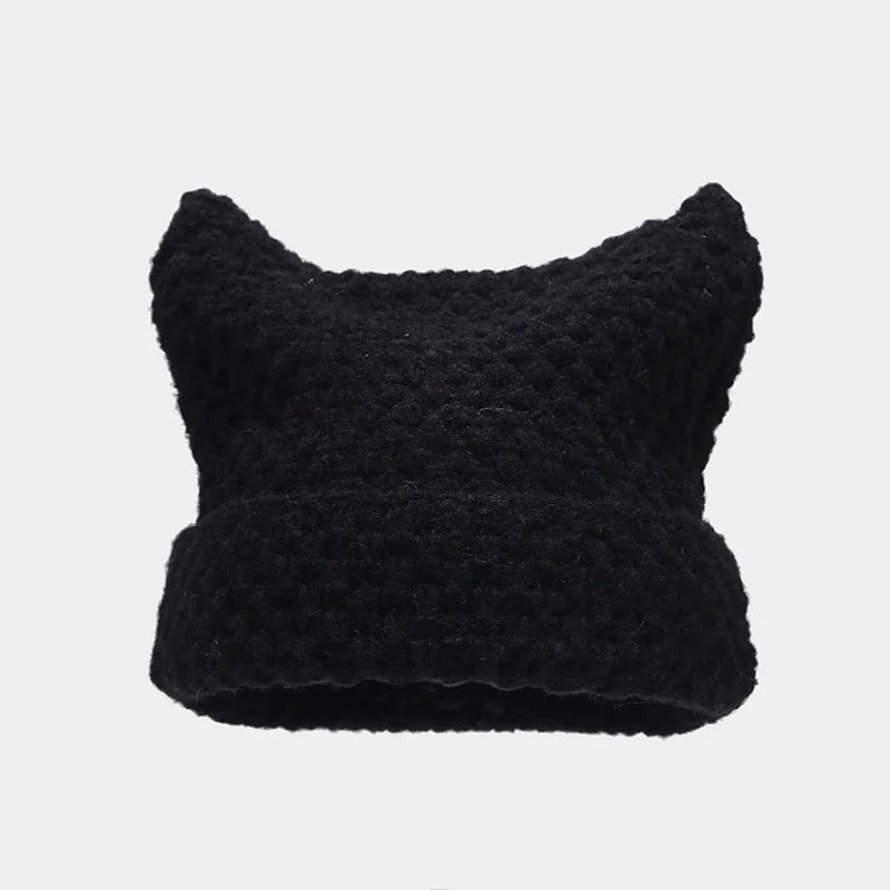 New Japanese Streetwear Harajuku Beanie Little Devil Striped Knitted Hat Women Girls Autumn Winter Cute Cat Ears Cap - Slobuy