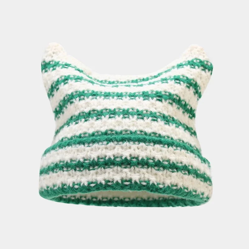 New Japanese Streetwear Harajuku Beanie Little Devil Striped Knitted Hat Women Girls Autumn Winter Cute Cat Ears Cap - Slobuy