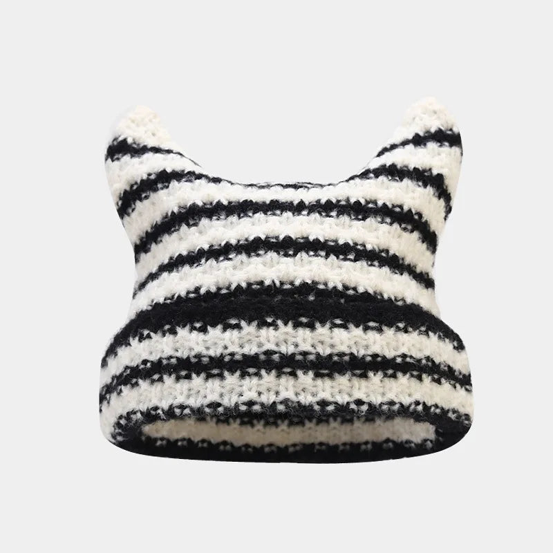 New Japanese Streetwear Harajuku Beanie Little Devil Striped Knitted Hat Women Girls Autumn Winter Cute Cat Ears Cap - Slobuy