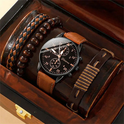 New Men Watch Luxury Bracelet Set Fashion Business Brown Leather Quartz Wrist Watches for Men Gift Set Relogio Masculino - Slobuy