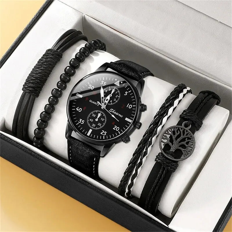 New Men Watch Luxury Bracelet Set Fashion Business Brown Leather Quartz Wrist Watches for Men Gift Set Relogio Masculino - Slobuy