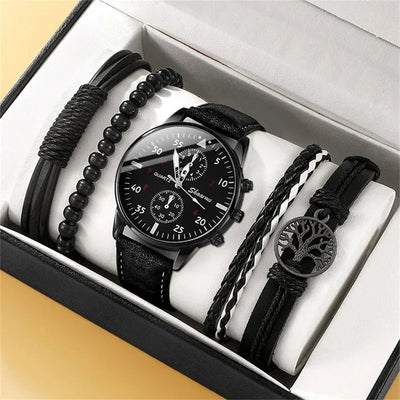 New Men Watch Luxury Bracelet Set Fashion Business Brown Leather Quartz Wrist Watches for Men Gift Set Relogio Masculino - Slobuy