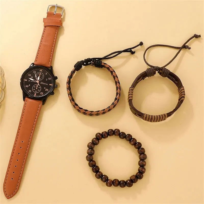 New Men Watch Luxury Bracelet Set Fashion Business Brown Leather Quartz Wrist Watches for Men Gift Set Relogio Masculino - Slobuy
