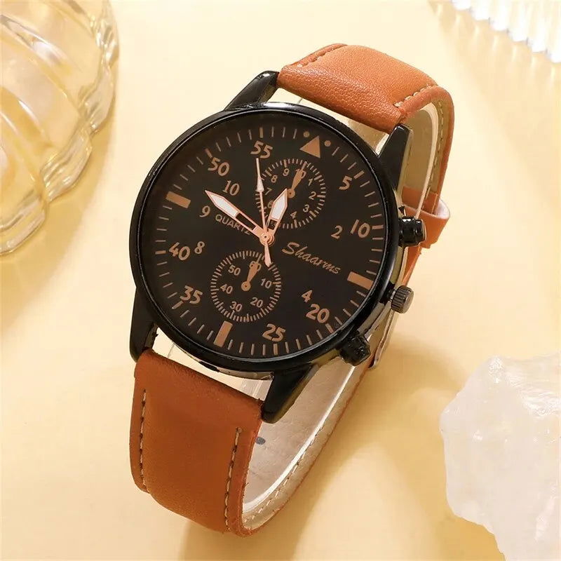 New Men Watch Luxury Bracelet Set Fashion Business Brown Leather Quartz Wrist Watches for Men Gift Set Relogio Masculino - Slobuy
